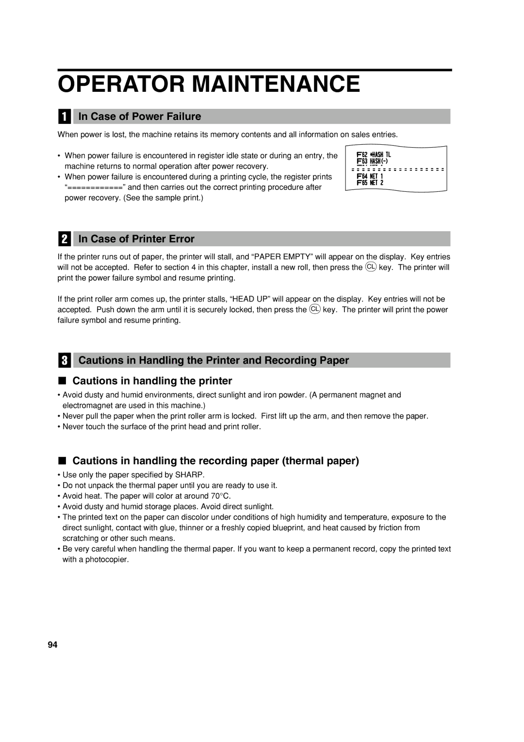 Sharp XE-A303 instruction manual Operator Maintenance, Case of Power Failure, Case of Printer Error 