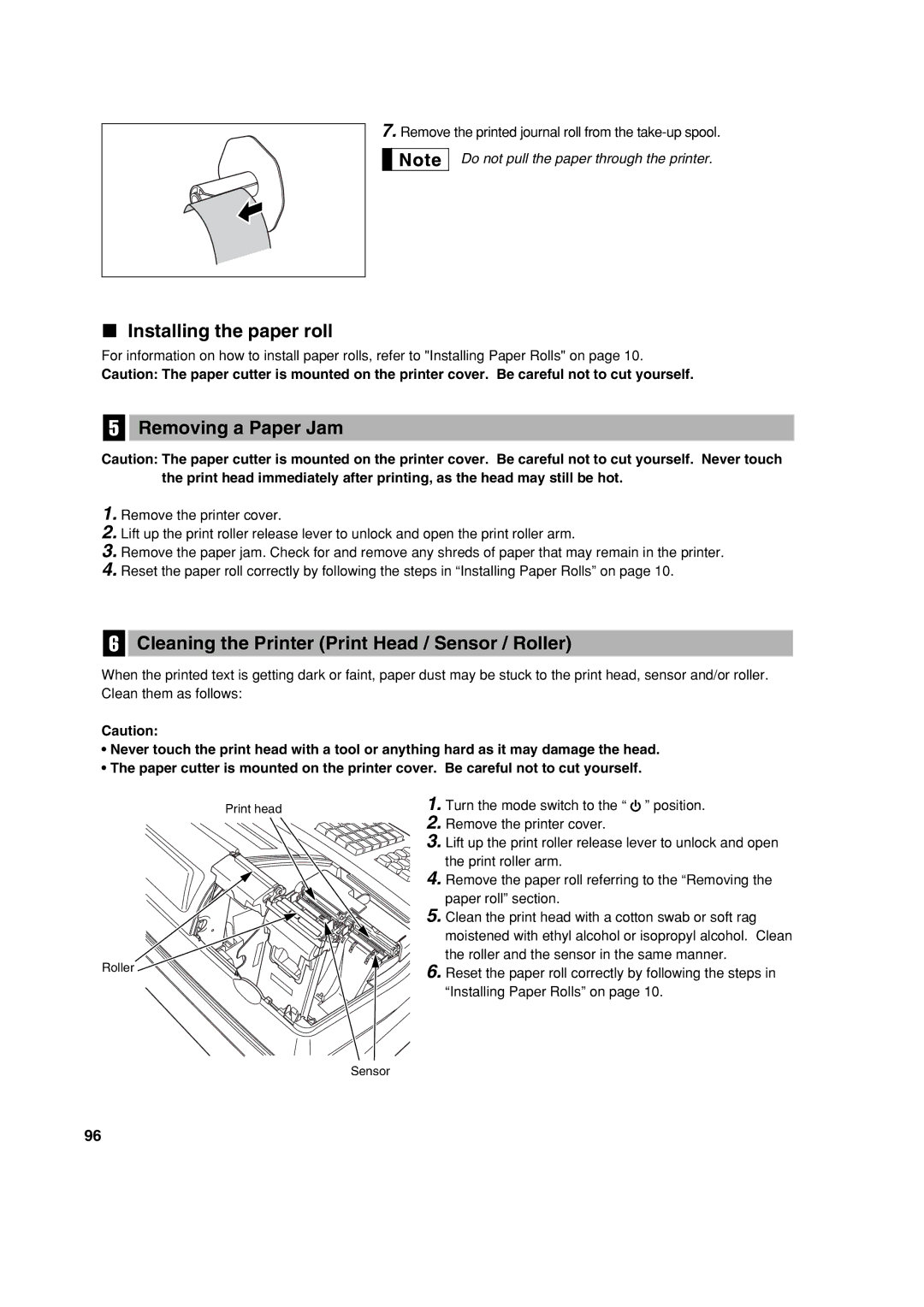 Sharp XE-A303 Installing the paper roll, Removing a Paper Jam, Cleaning the Printer Print Head / Sensor / Roller 