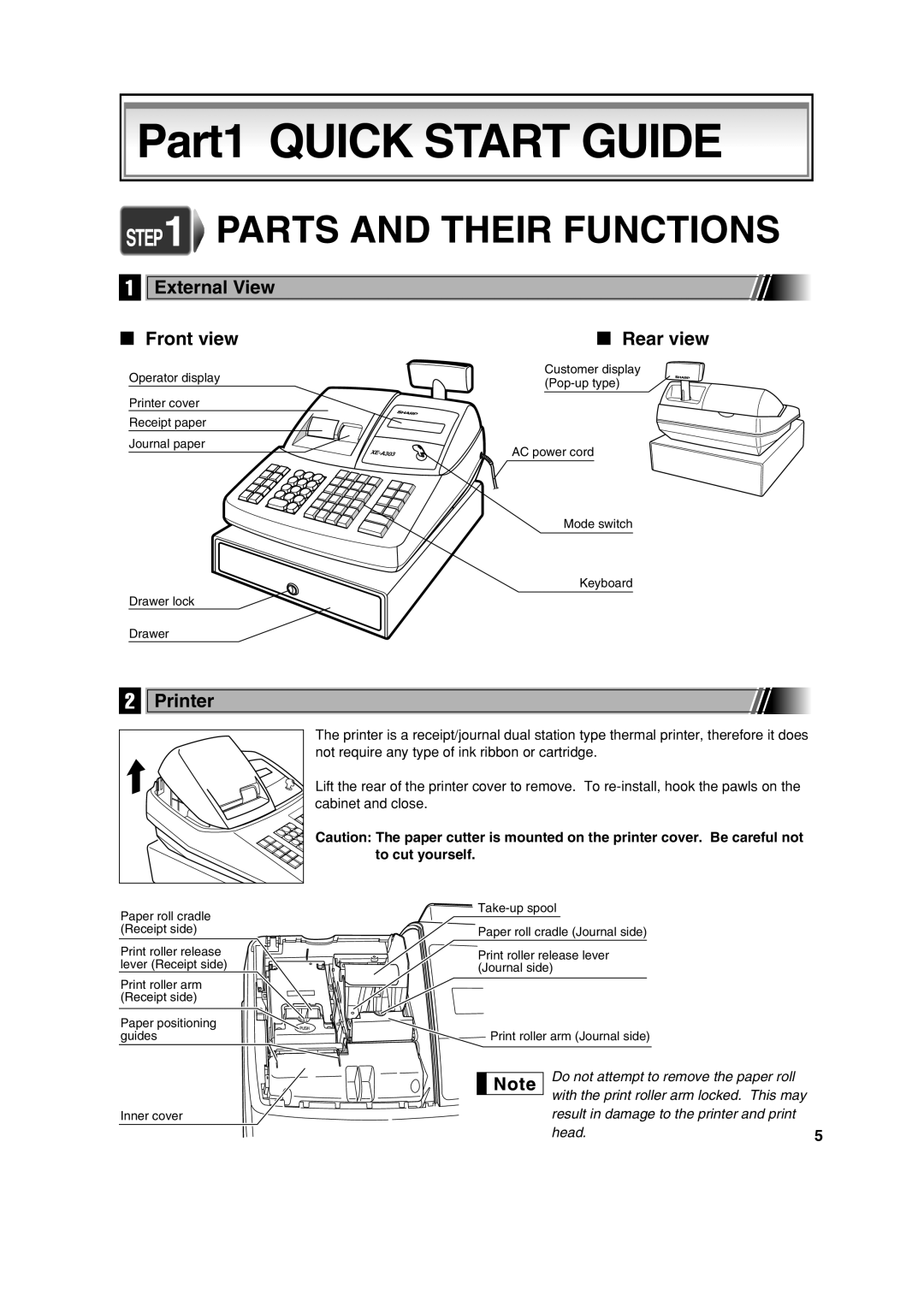 Sharp XE-A303 Part1 QUICK START GUIDE, Parts And Their Functions, External View, Front view, Rear view, Printer 