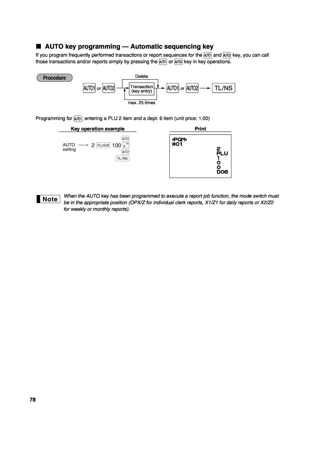 Sharp XE-A303 AUTO key programming - Automatic sequencing key, AUTO 2 p100 §, Key operation example, Print 