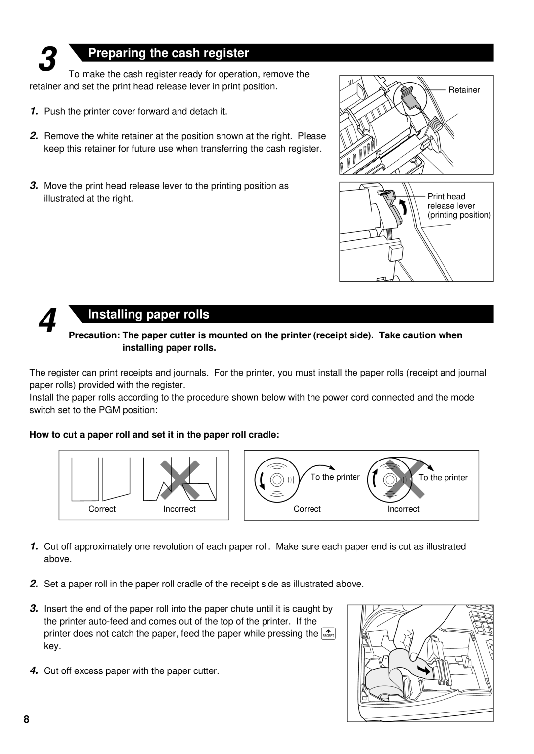 Sharp XE-A401 instruction manual Preparing the cash register, How to cut a paper roll and set it in the paper roll cradle 