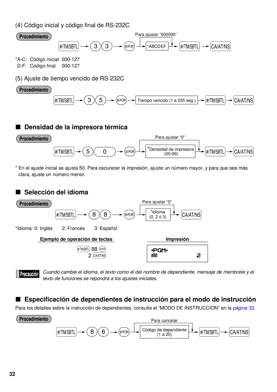 Sharp XE-A401 Densidad de la impresora té rmica, Selecció n del idioma, Ejemplo de operació n de teclas Impresió n 