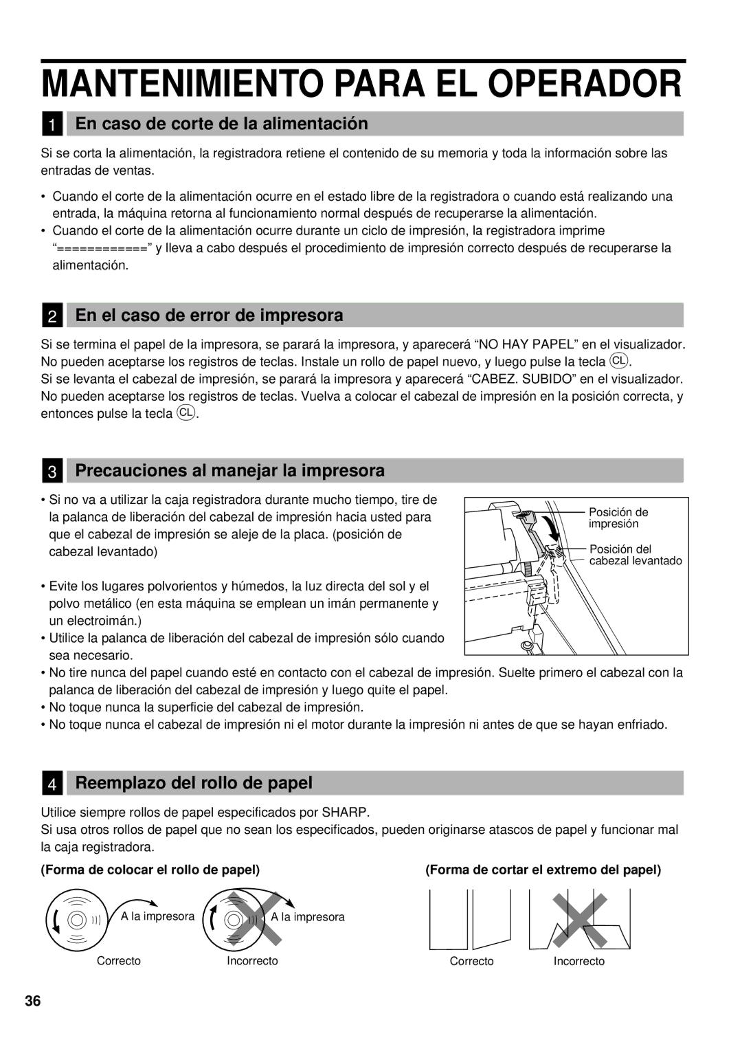 Sharp XE-A401 En caso de corte de la alimentació n, En el caso de error de impresora, Precauciones al manejar la impresora 