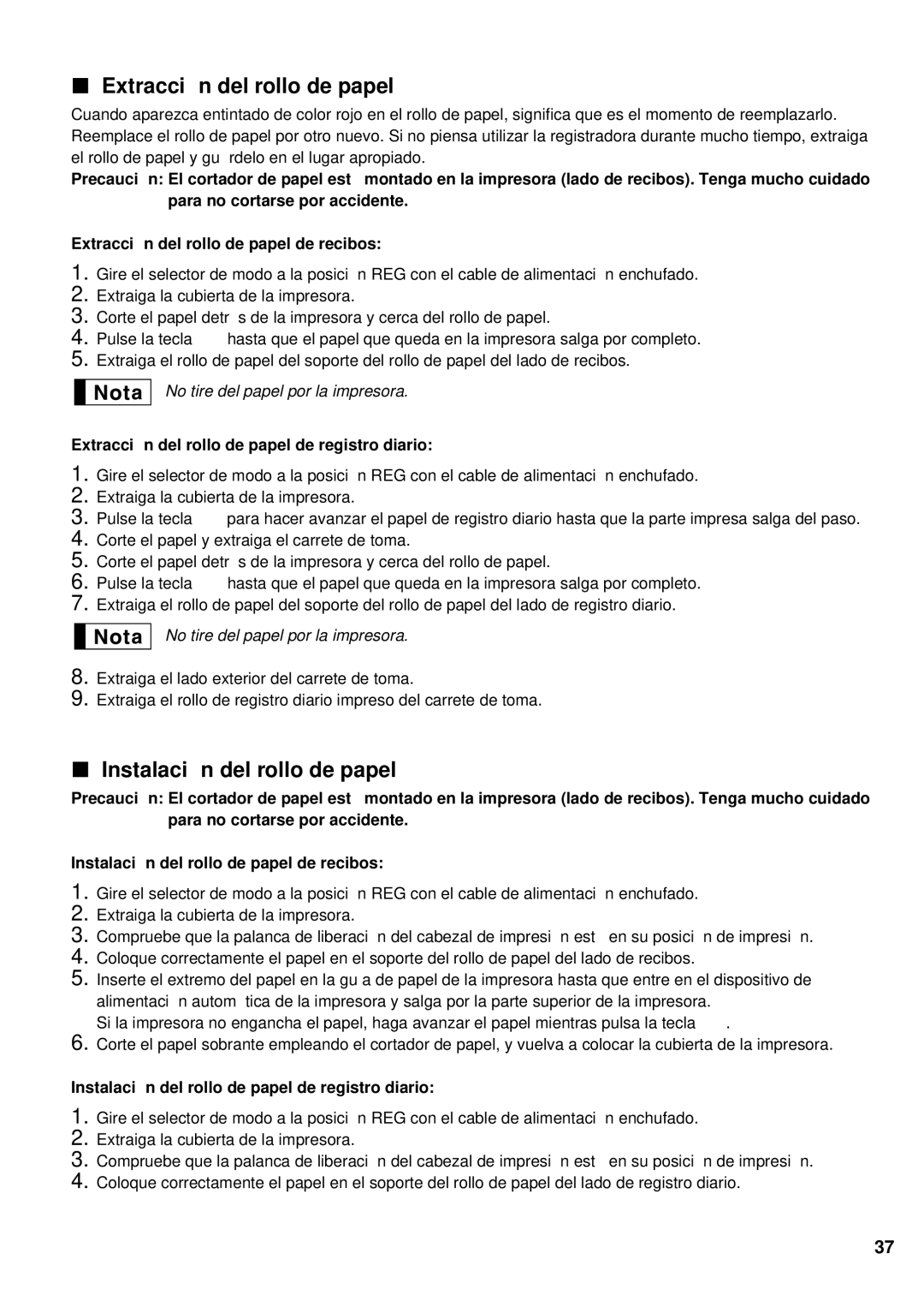 Sharp XE-A401 instruction manual Extracció n del rollo de papel, Instalació n del rollo de papel 