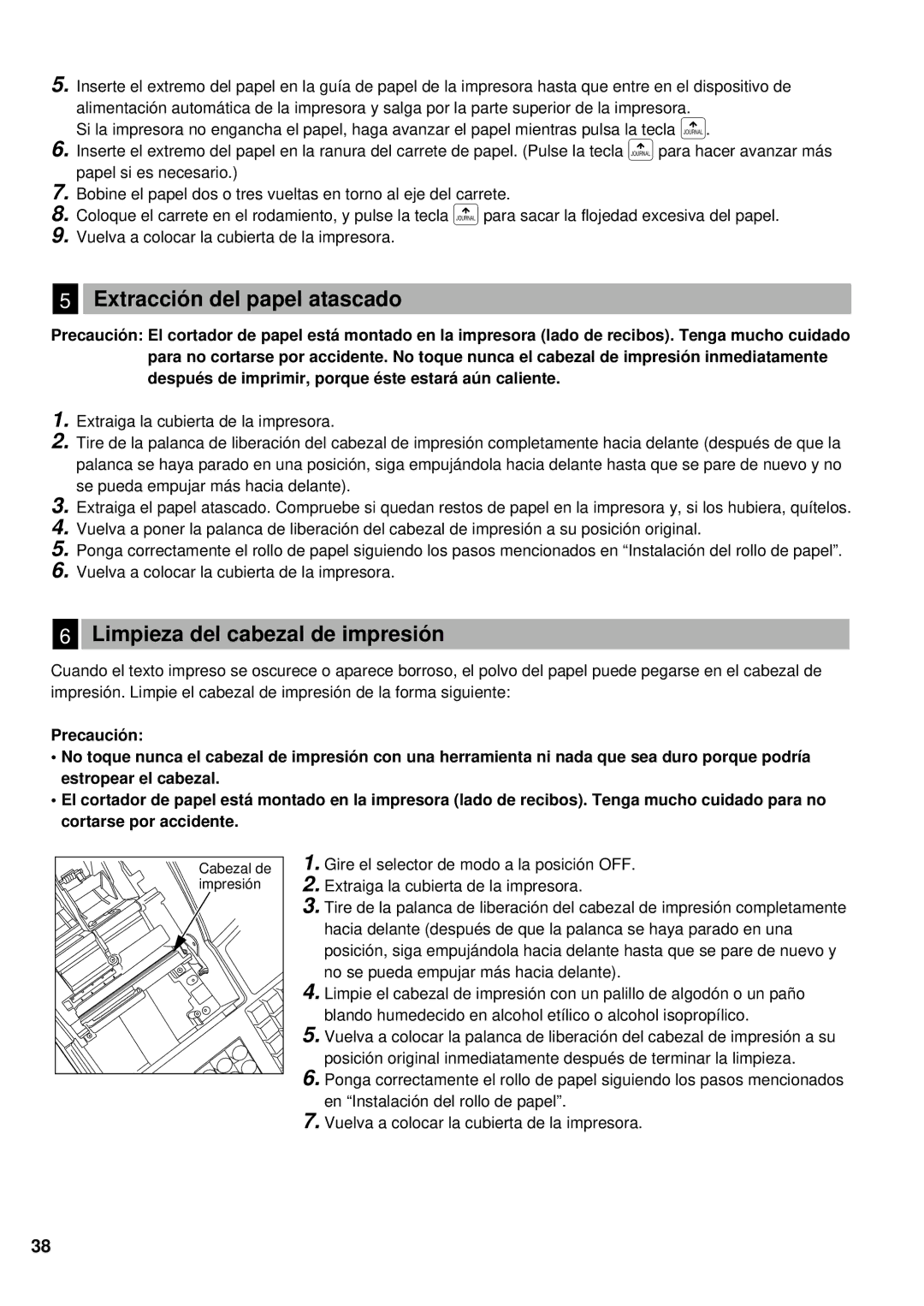 Sharp XE-A401 instruction manual Extracció n del papel atascado, Limpieza del cabezal de impresió n 