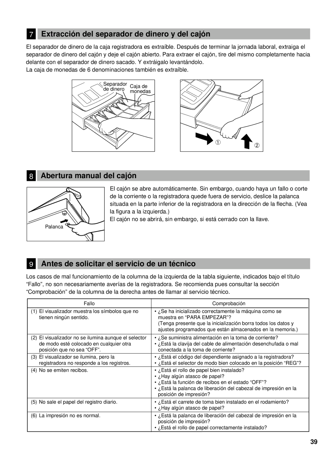 Sharp XE-A401 instruction manual Extracció n del separador de dinero y del cajó n, Abertura manual del cajó n 