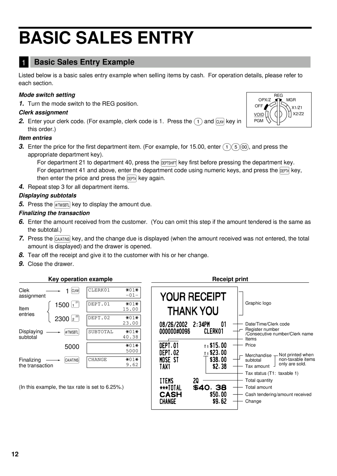 Sharp XE-A401 instruction manual Basic Sales Entry Example, 1500 ¡ 2300, 5000, Key operation example Receipt print 