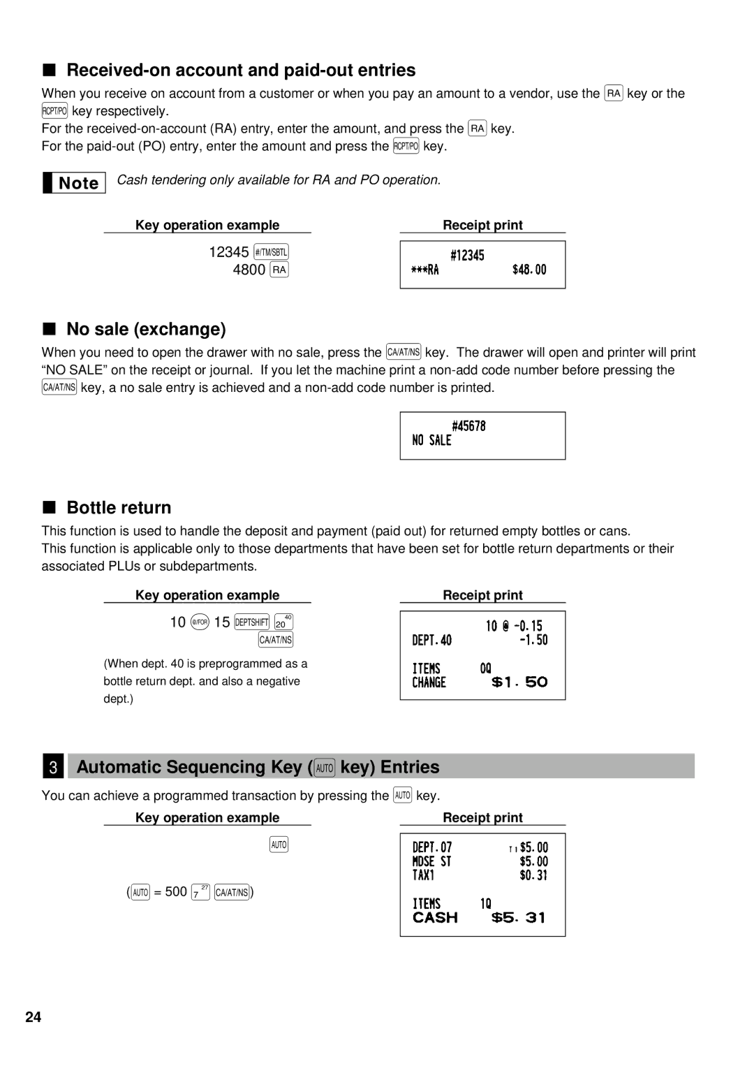 Sharp XE-A401 instruction manual 10 @15 Dπ, Received-on account and paid-out entries, No sale exchange, Bottle return 