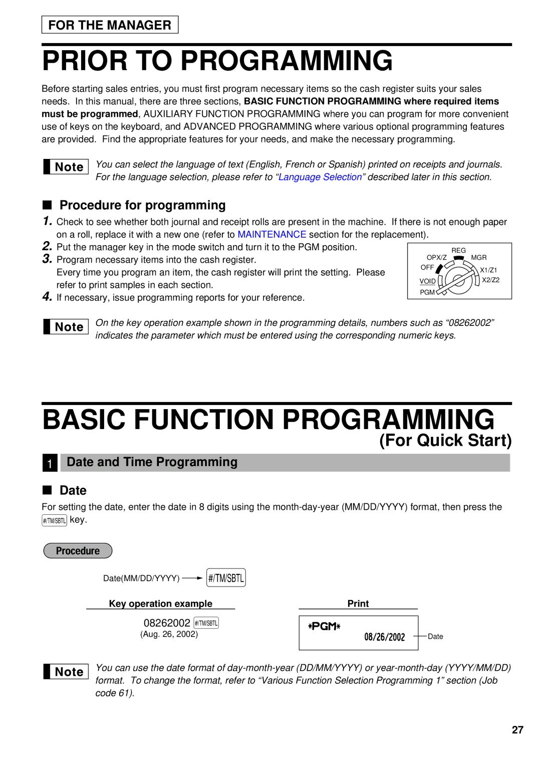 Sharp XE-A401 Prior to Programming, Basic Function Programming, Procedure for programming, Date and Time Programming 