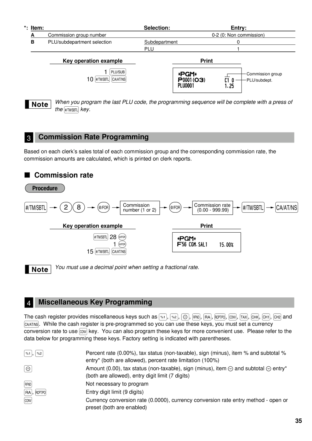 Sharp XE-A401 instruction manual 10 sA, 15 sA, Commission Rate Programming, Commission rate, Miscellaneous Key Programming 