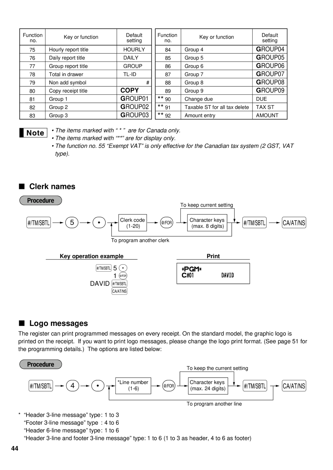 Sharp XE-A401 instruction manual Clerk names, Logo messages, David s 