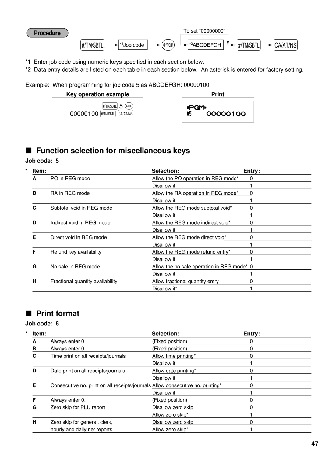 Sharp XE-A401 Function selection for miscellaneous keys, Print format, 00000100 sA, Job code Selection Entry 