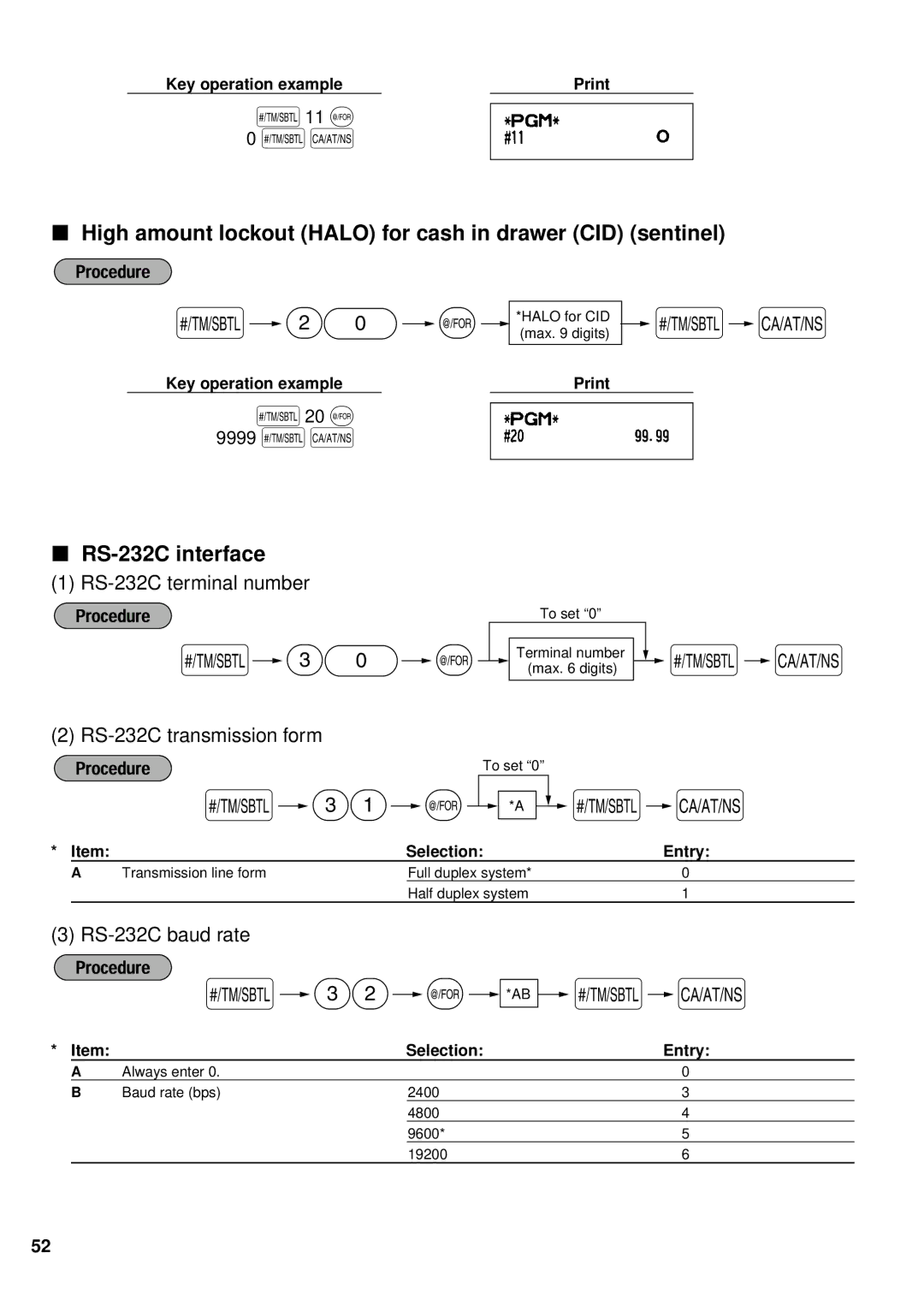 Sharp XE-A401 instruction manual High amount lockout Halo for cash in drawer CID sentinel, RS-232C interface, 20 @ 9999 sA 