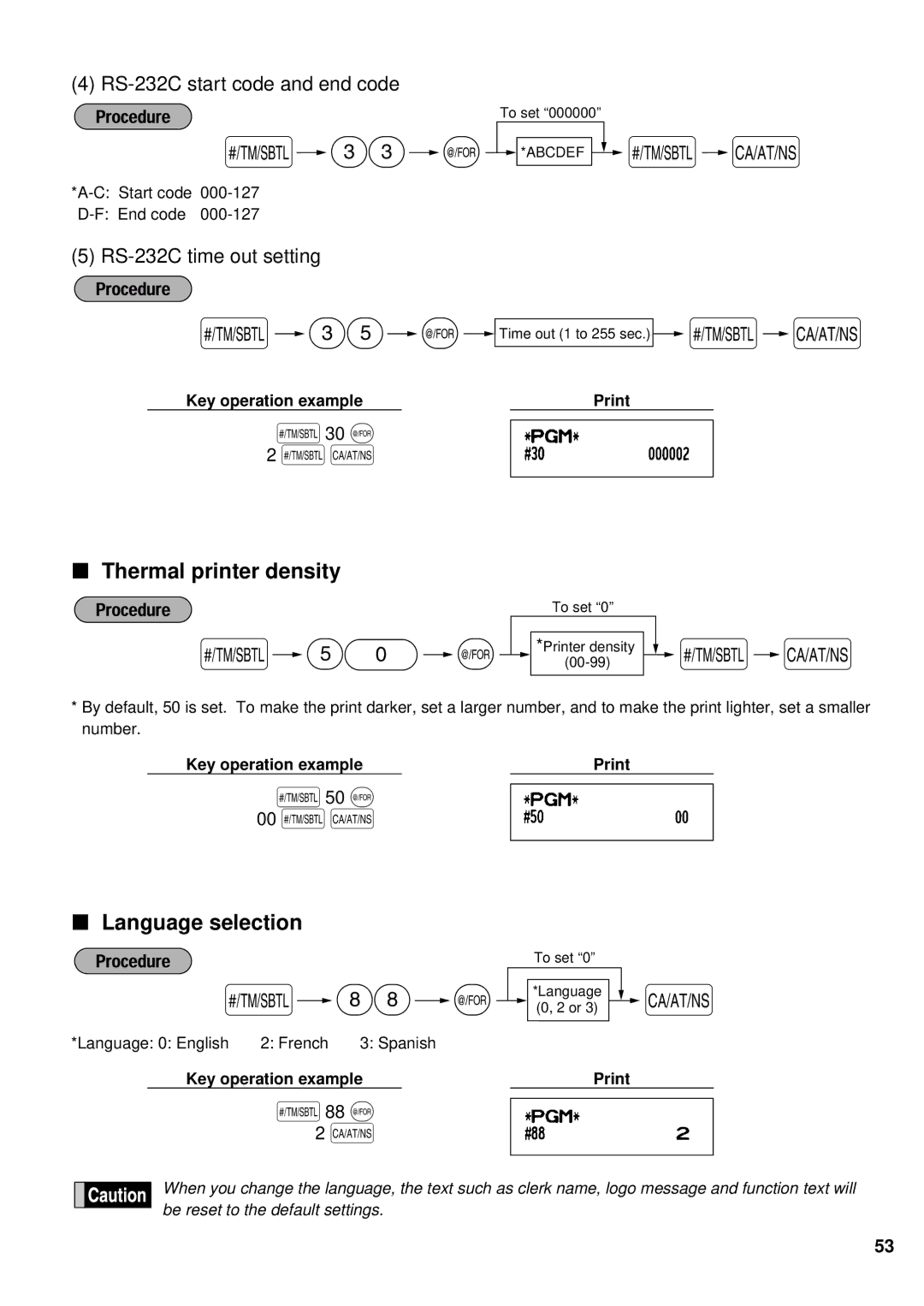 Sharp XE-A401 instruction manual Thermal printer density, Language selection, 30 @, 50 @ 00 sA, 88 @ 