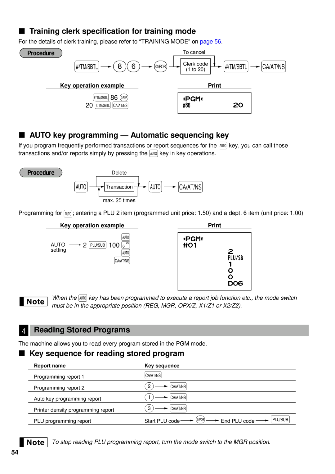 Sharp XE-A401 Training clerk specification for training mode, Auto key programming Automatic sequencing key 