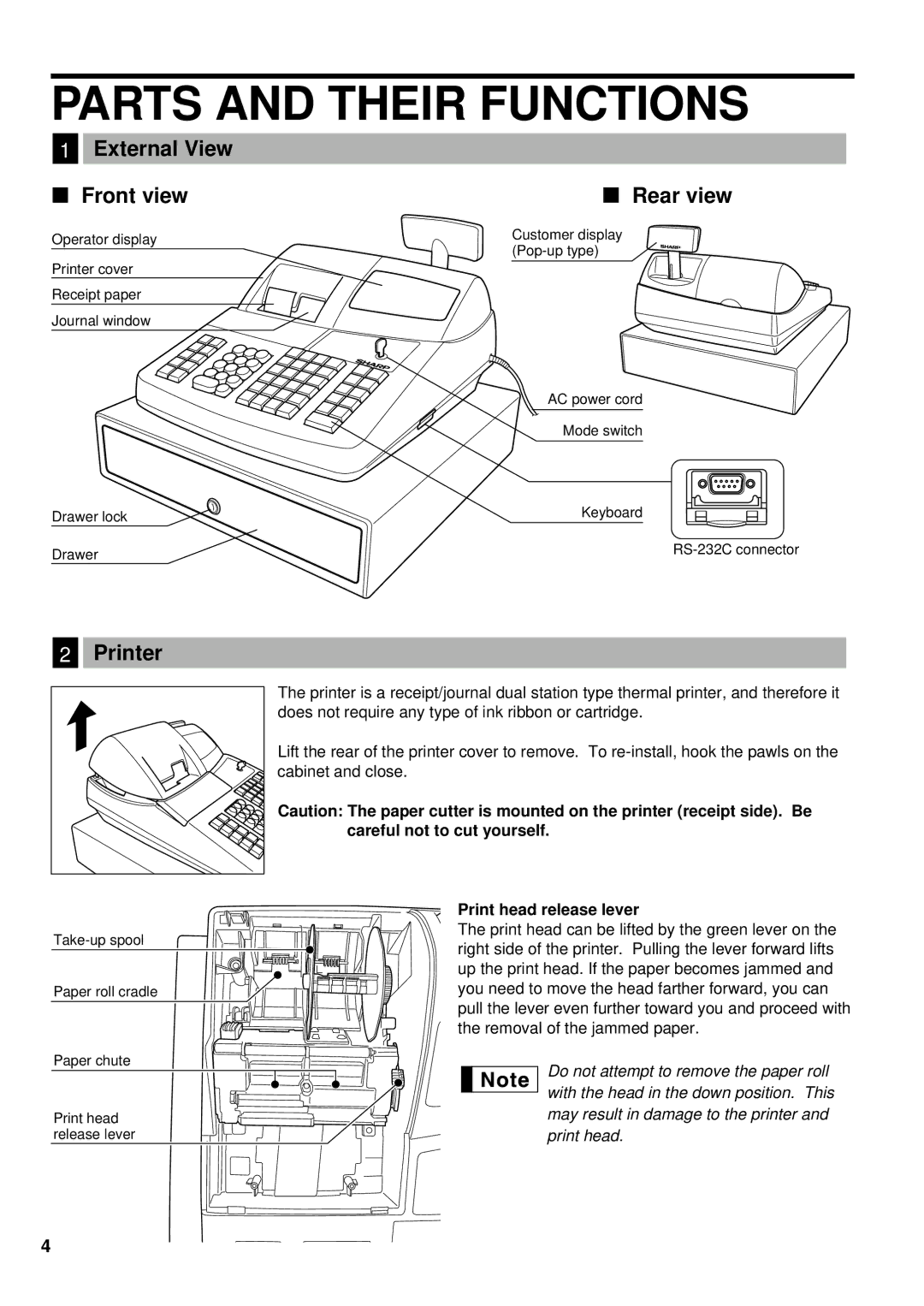 Sharp XE-A401 Parts and Their Functions, External View Front view Rear view, Printer, Print head release lever 