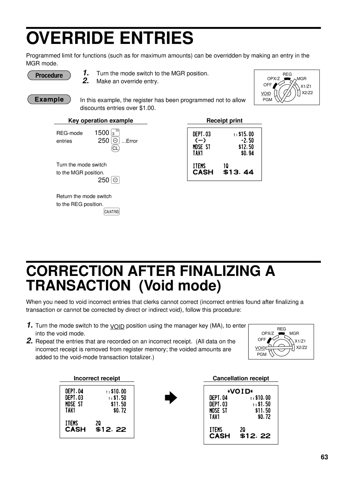 Sharp XE-A401 instruction manual Override Entries, 250, 1500, Incorrect receipt Cancellation receipt 