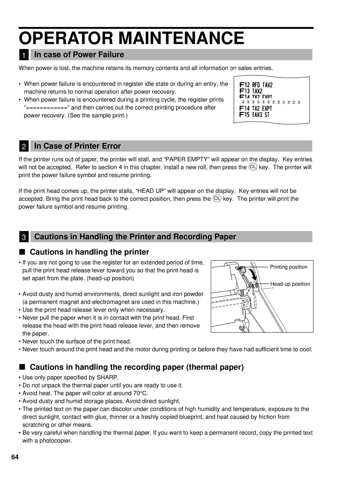 Sharp XE-A401 instruction manual Operator Maintenance, Case of Power Failure, Case of Printer Error 