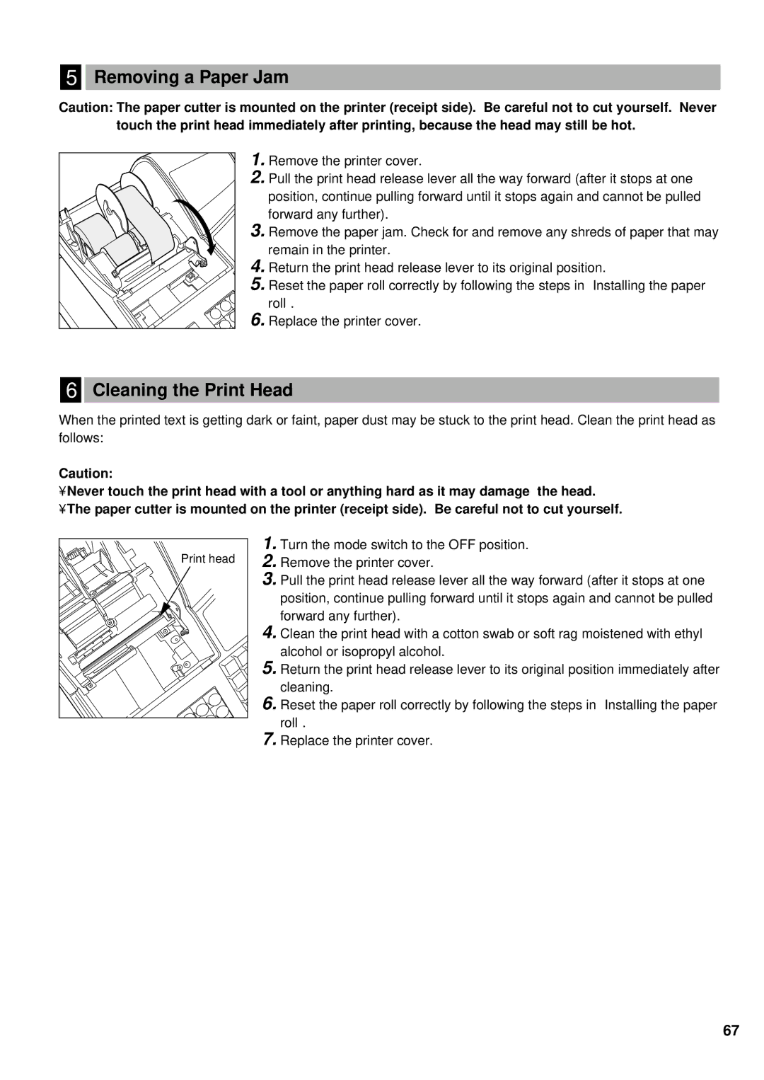 Sharp XE-A401 instruction manual Removing a Paper Jam, Cleaning the Print Head 