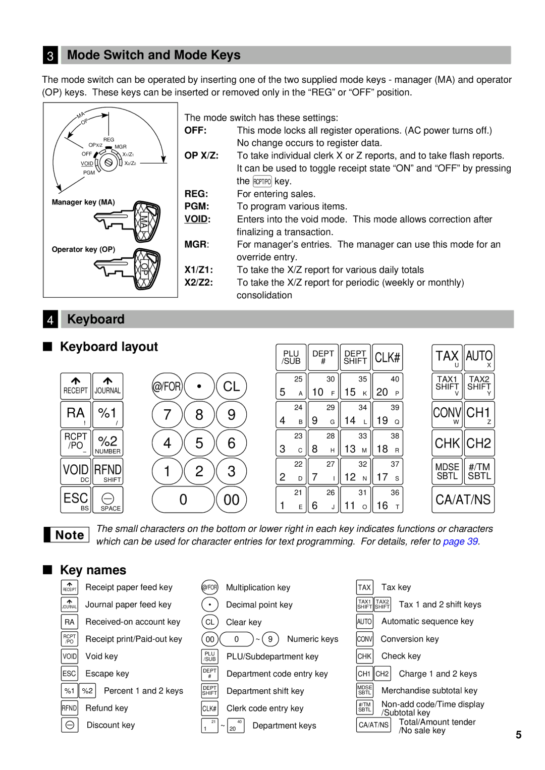 Sharp XE-A401 instruction manual Mode Switch and Mode Keys, Key names 