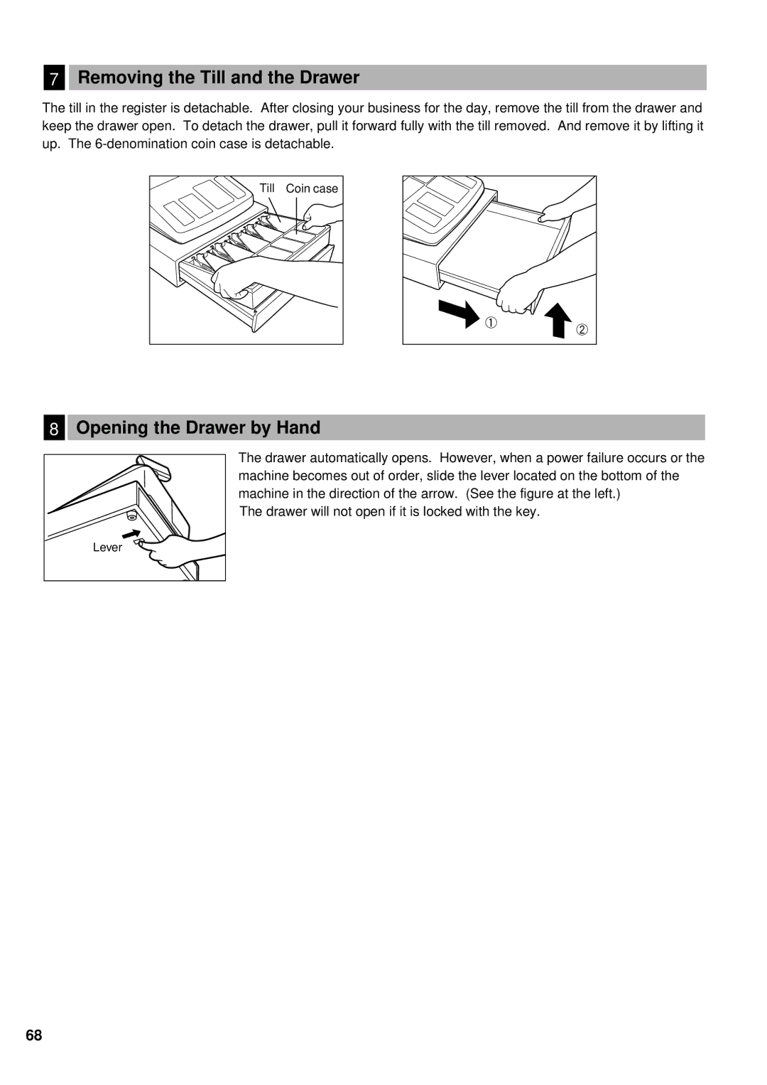 Sharp XE-A401 instruction manual Removing the Till and the Drawer, Opening the Drawer by Hand 