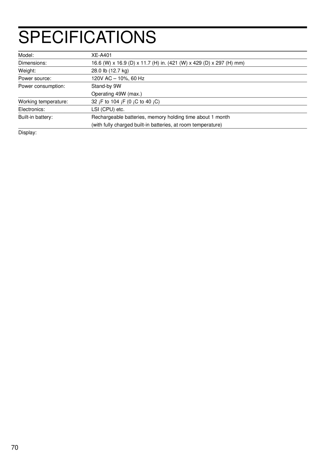 Sharp XE-A401 instruction manual Specifications 