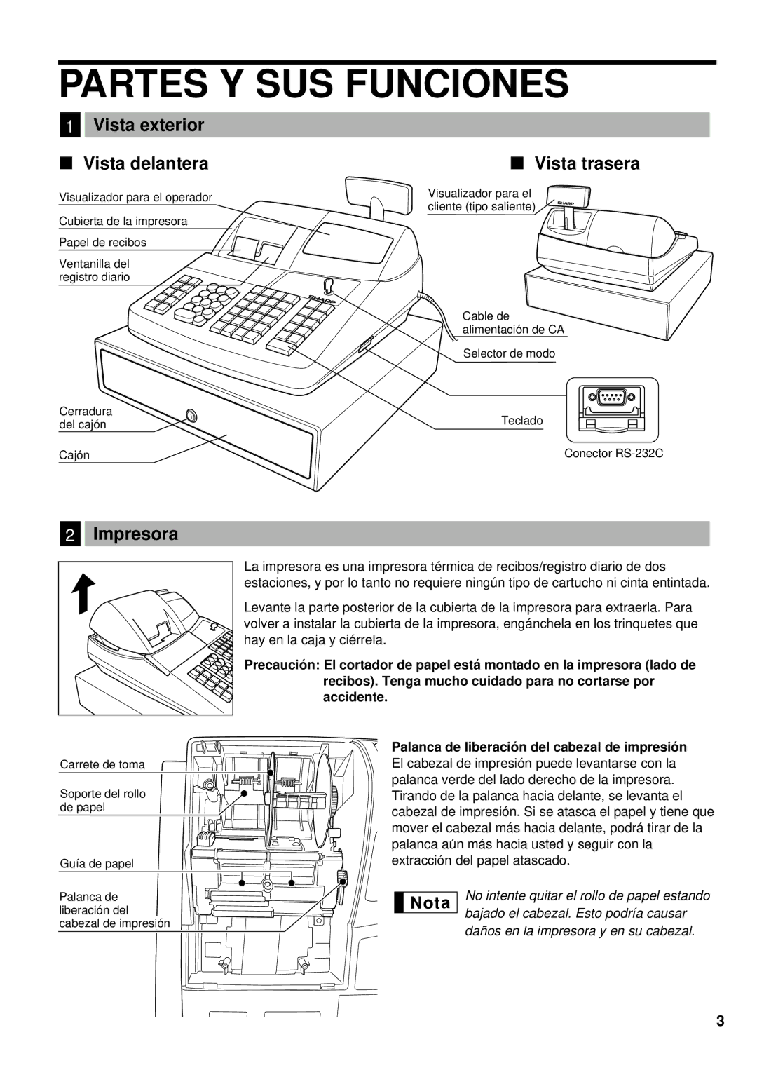 Sharp XE-A401 instruction manual Partes Y SUS Funciones, Vista exterior Vista delantera Vista trasera, Impresora 