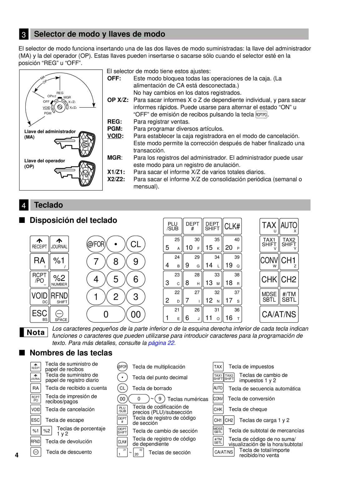 Sharp XE-A401 instruction manual Selector de modo y llaves de modo, Teclado Disposició n del teclado, Nombres de las teclas 