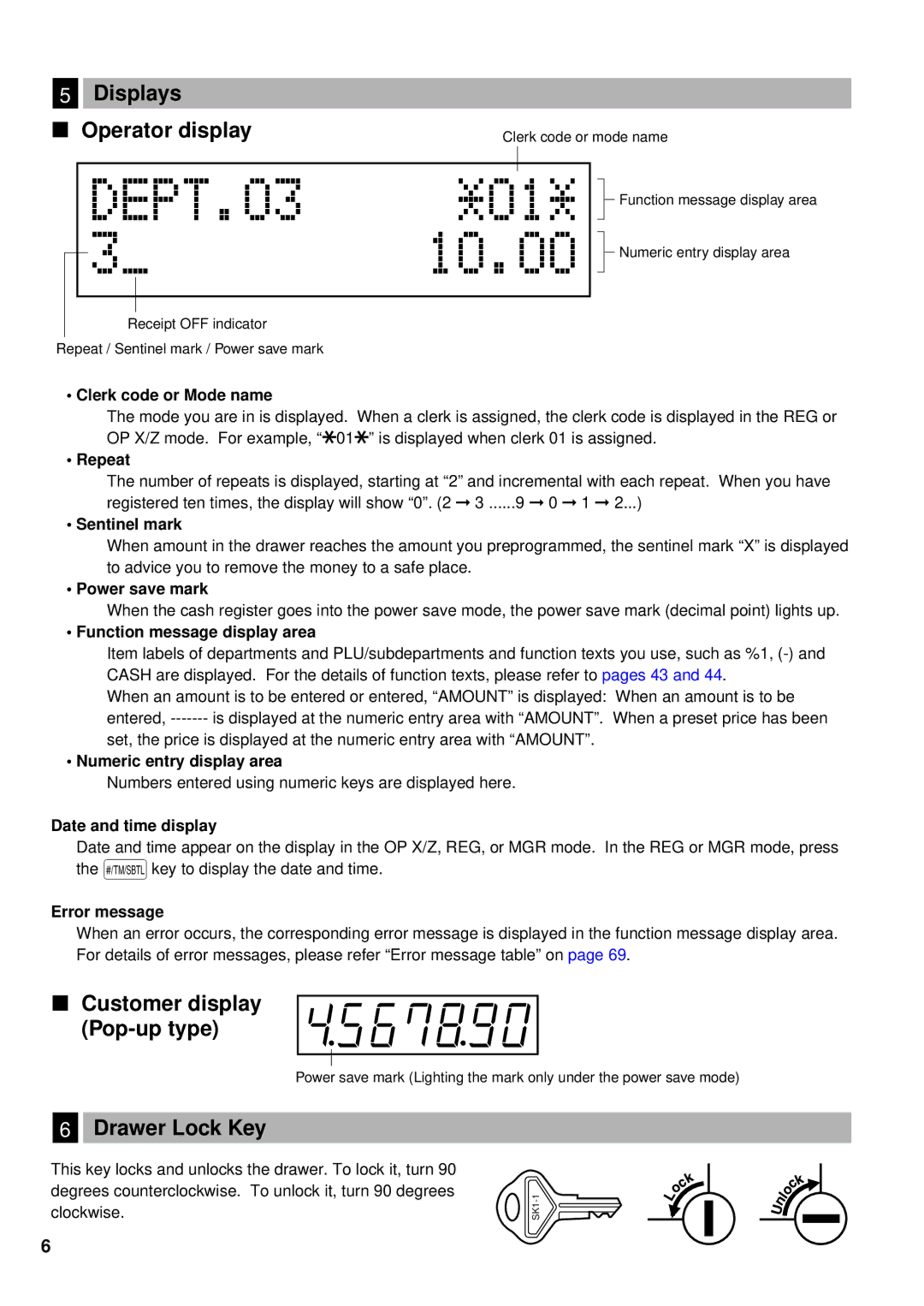 Sharp XE-A401 instruction manual Displays Operator display, Customer display Pop-up type, Drawer Lock Key 