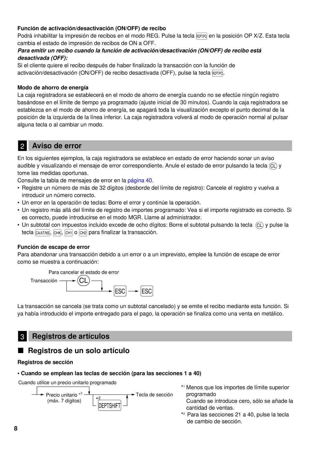 Sharp XE-A401 Aviso de error, Registros de artículos Registros de un solo artículo, Modo de ahorro de energía 