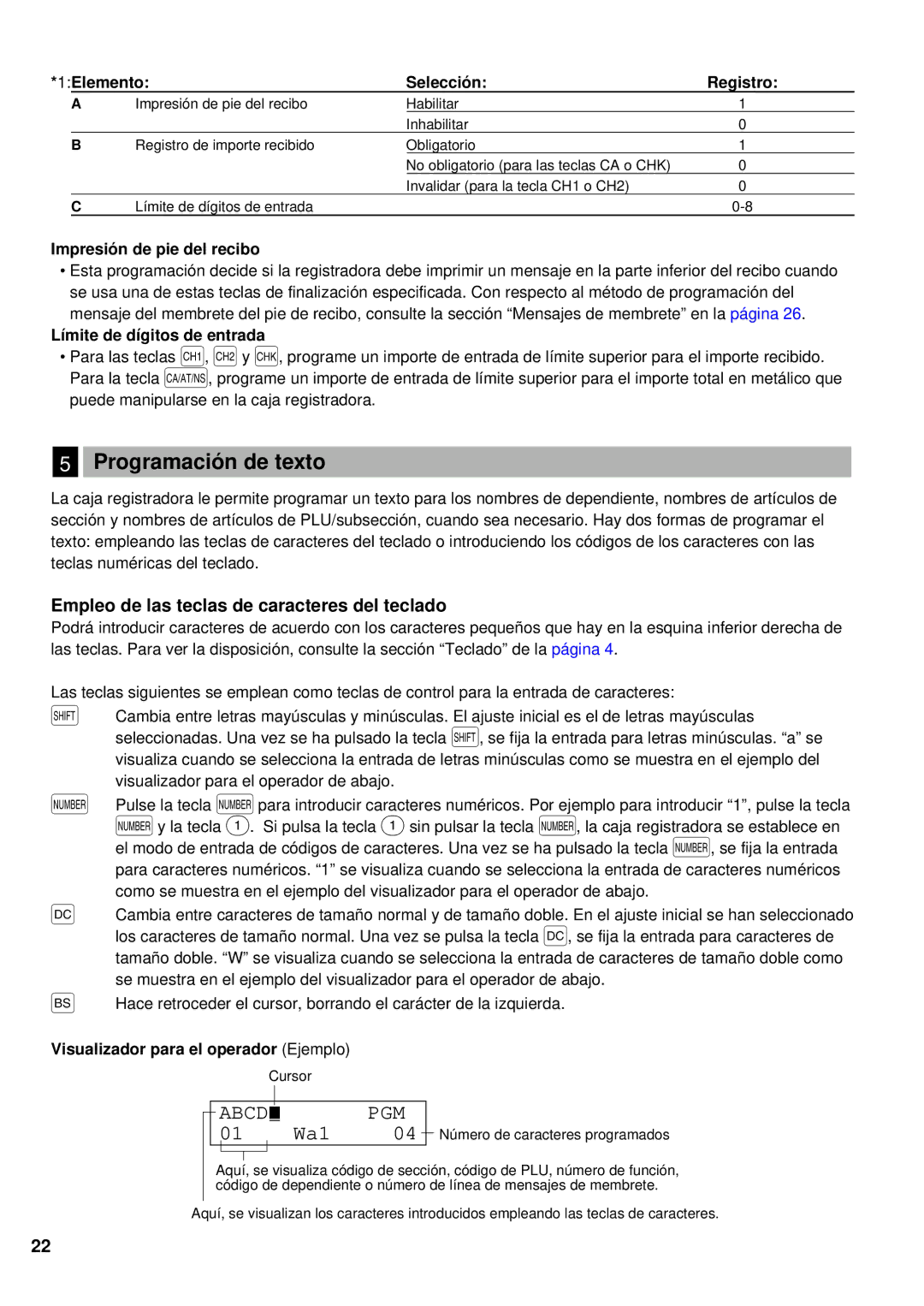 Sharp XE-A401 Programació n de texto, Empleo de las teclas de caracteres del teclado, 1Elemento Selecció n Registro 