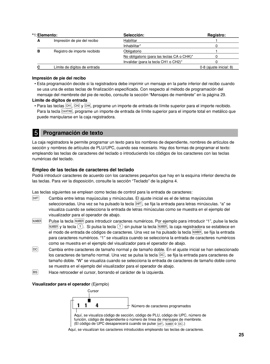 Sharp XE-A42S Programación de texto, Empleo de las teclas de caracteres del teclado, 1Elemento Selección Registro 