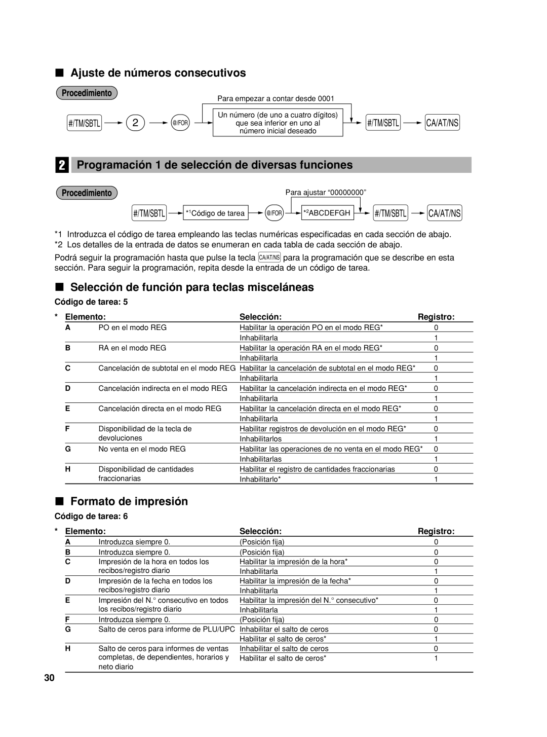 Sharp XE-A42S Ajuste de números consecutivos, Programación 1 de selección de diversas funciones, Formato de impresión 