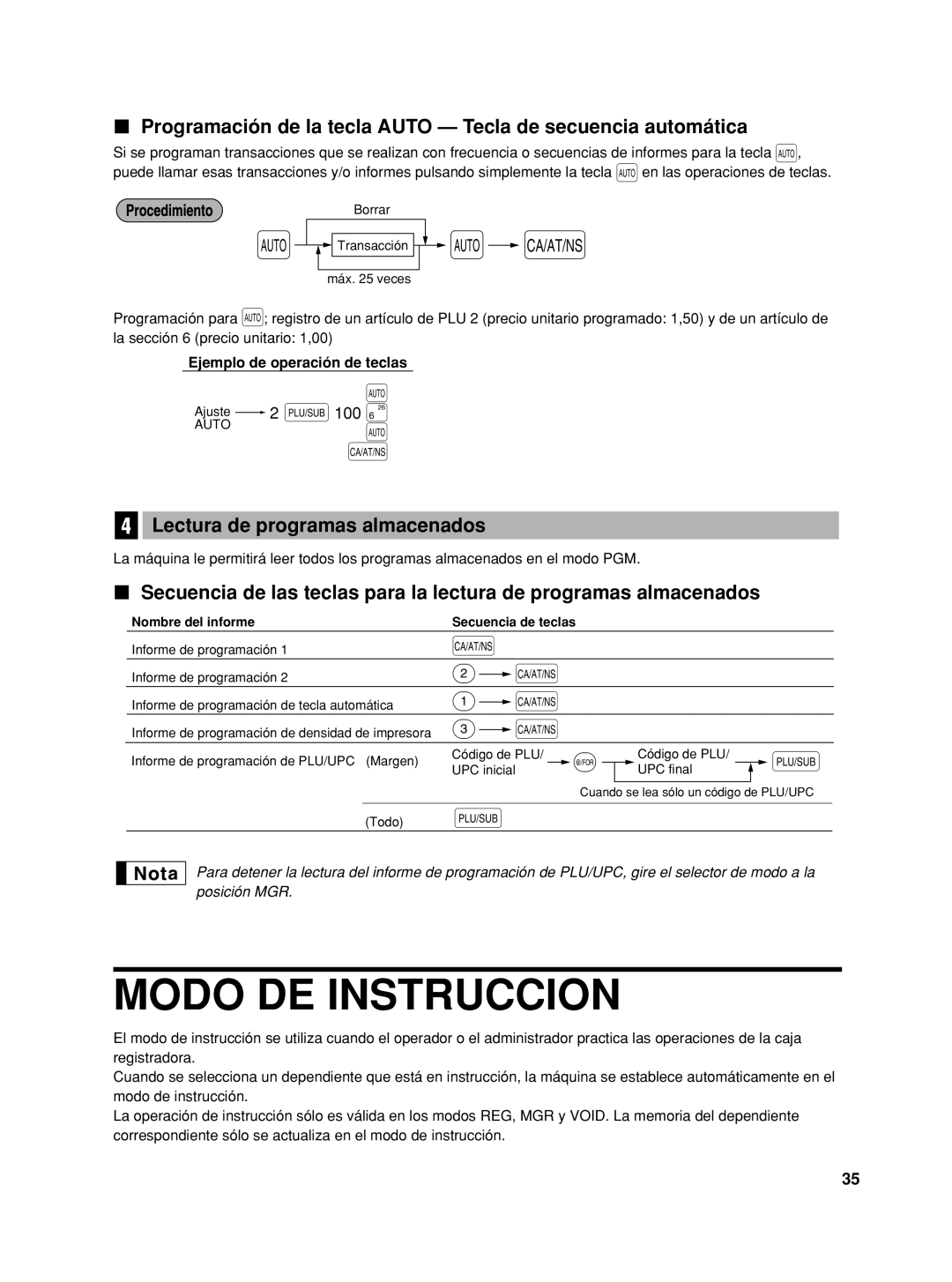 Sharp XE-A42S instruction manual Modo DE Instruccion, Programación de la tecla Auto Tecla de secuencia automática 