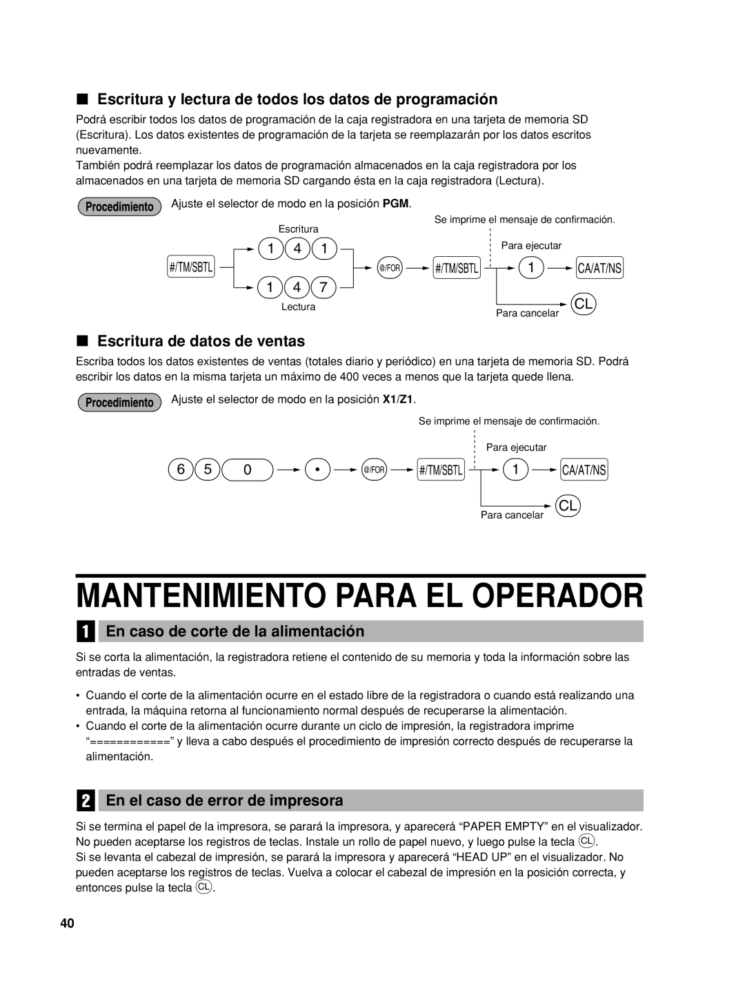 Sharp XE-A42S instruction manual Escritura y lectura de todos los datos de programación, Escritura de datos de ventas 