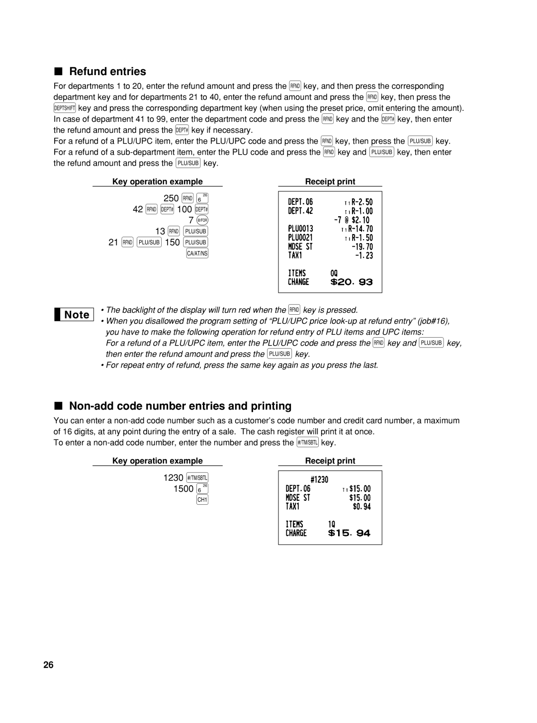 Sharp XE-A42S instruction manual 250 f§, 13 fp, Refund entries, Non-add code number entries and printing 