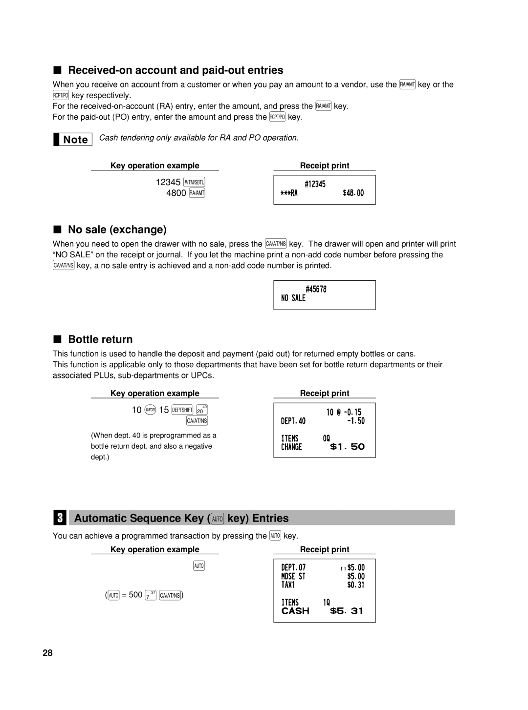 Sharp XE-A42S instruction manual 10 @15 Dπ, Received-on account and paid-out entries, No sale exchange, Bottle return 