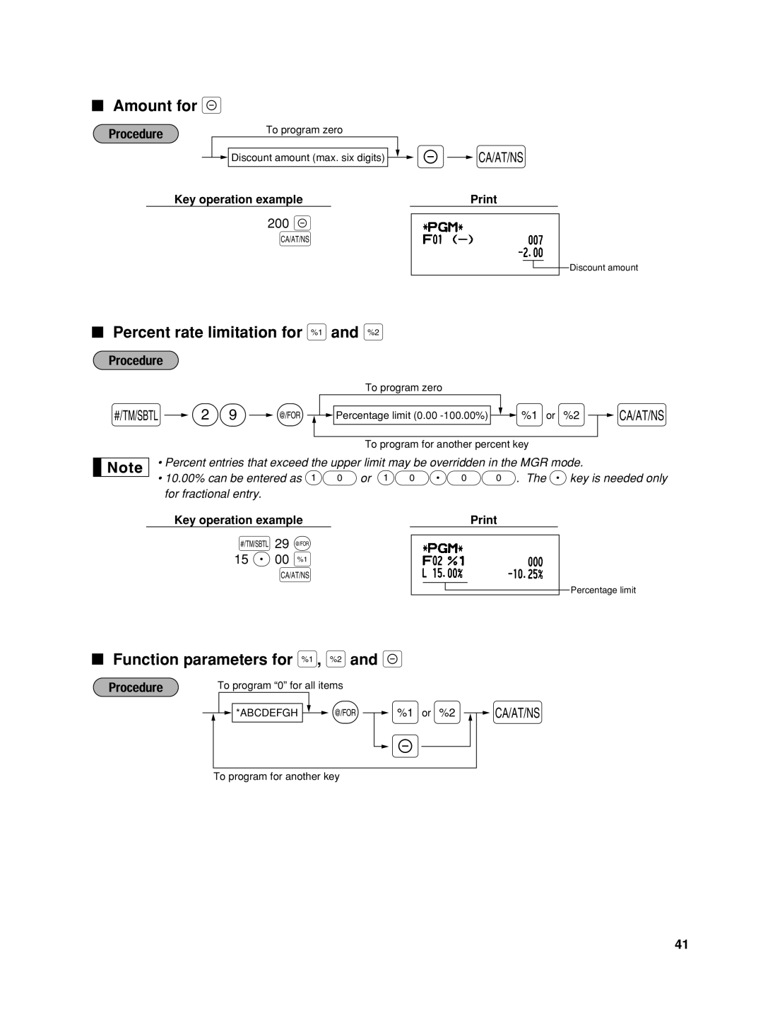 Sharp XE-A42S instruction manual Amount for, Percent rate limitation for %, Function parameters for %, 200, 29 @ 15 P 00 % 