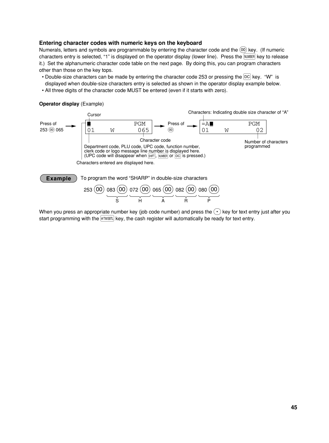 Sharp XE-A42S instruction manual 065, Entering character codes with numeric keys on the keyboard 