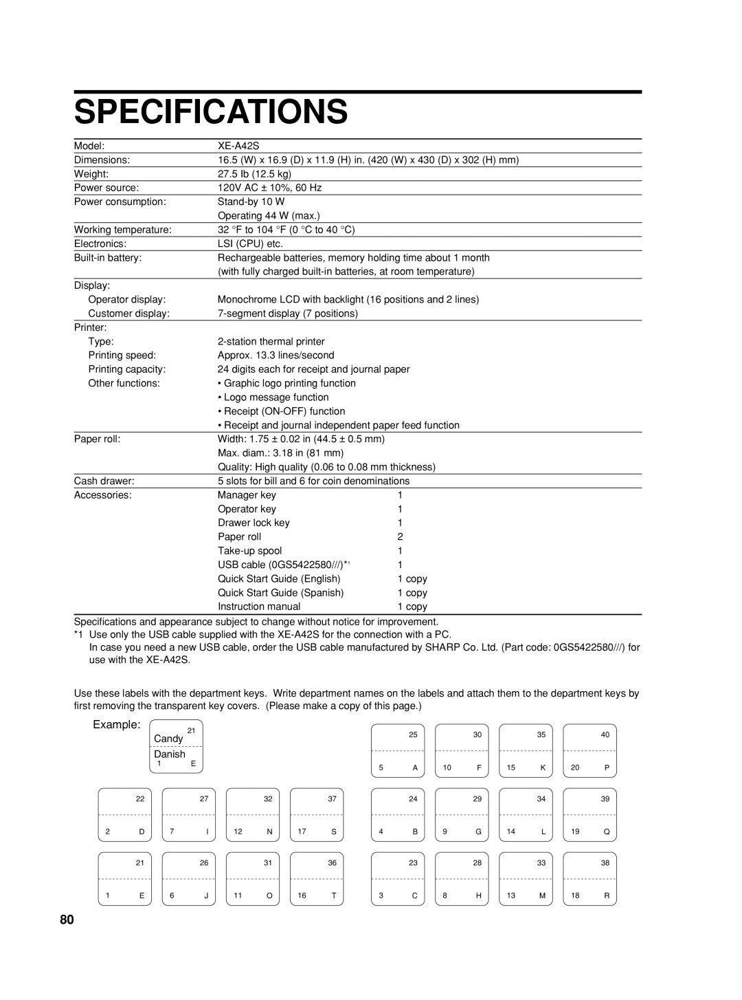 Sharp XE-A42S instruction manual Specifications 