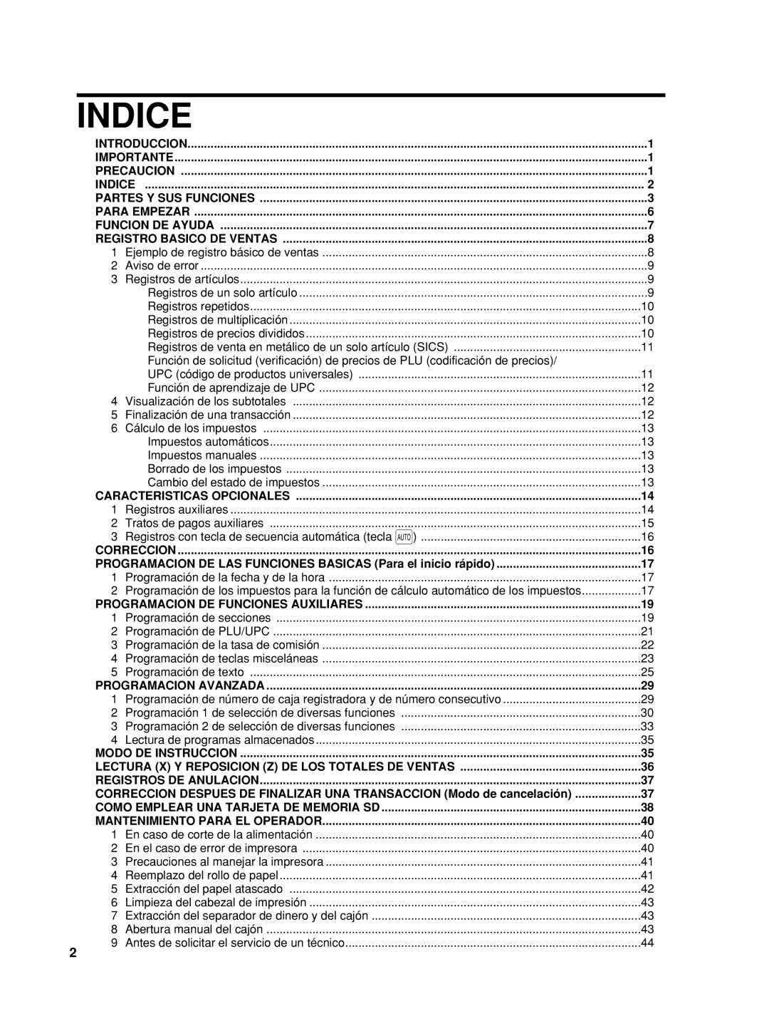 Sharp XE-A42S instruction manual Indice, Programacion DE LAS Funciones Basicas Para el inicio rápido 