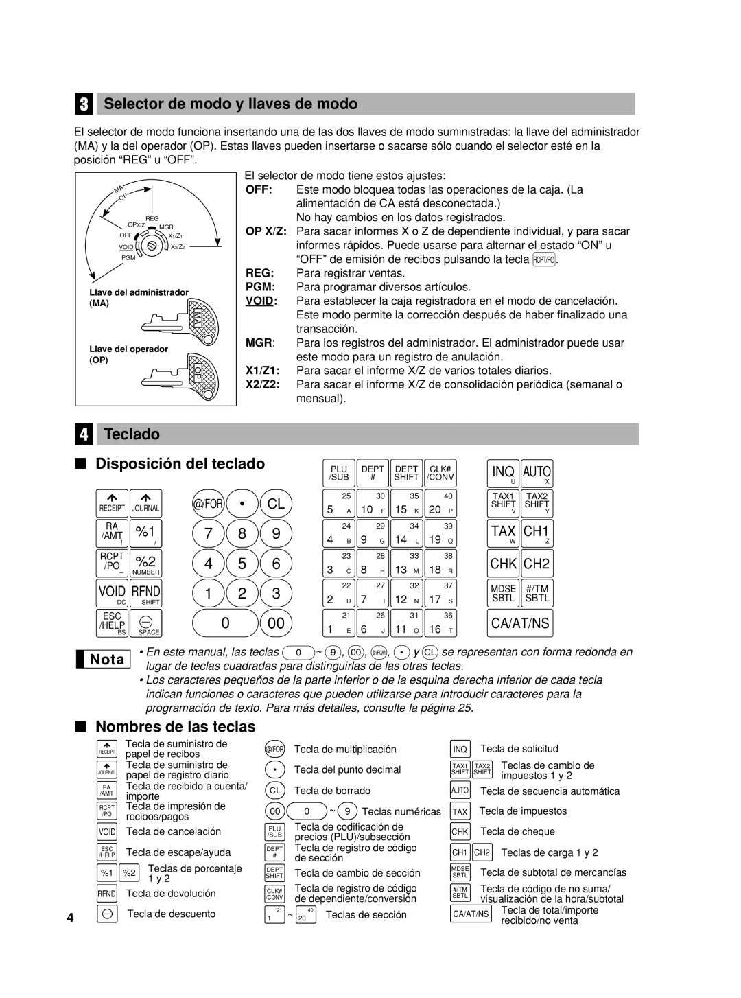 Sharp XE-A42S instruction manual Selector de modo y llaves de modo, Teclado, Disposición del teclado, Nombres de las teclas 