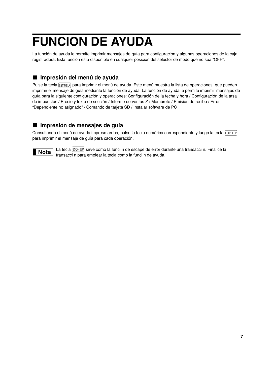 Sharp XE-A42S instruction manual Funcion DE Ayuda, Impresión del menú de ayuda, Impresión de mensajes de guía 