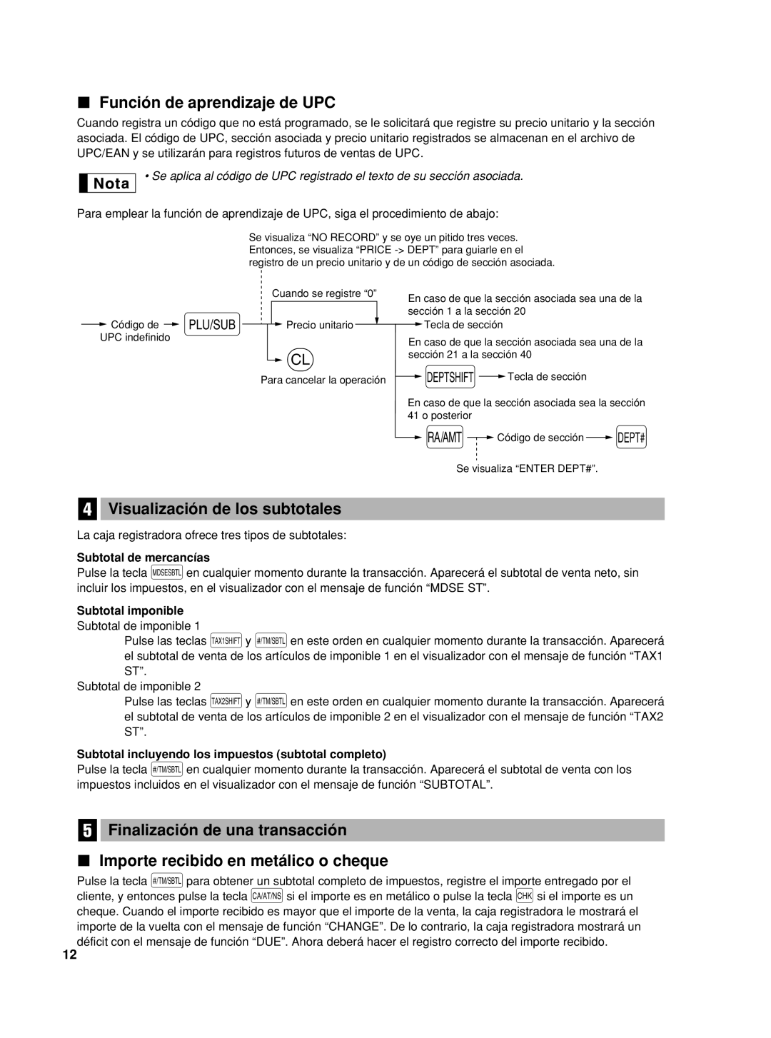 Sharp XE-A42S Función de aprendizaje de UPC, Visualización de los subtotales, Subtotal de mercancías, Subtotal imponible 