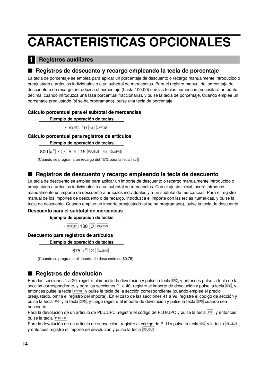 Sharp XE-A42S Caracteristicas Opcionales, ~ m10 % a, 800 §7 P5 %15 p& a, 675 ¶-A, Registros de devolución 