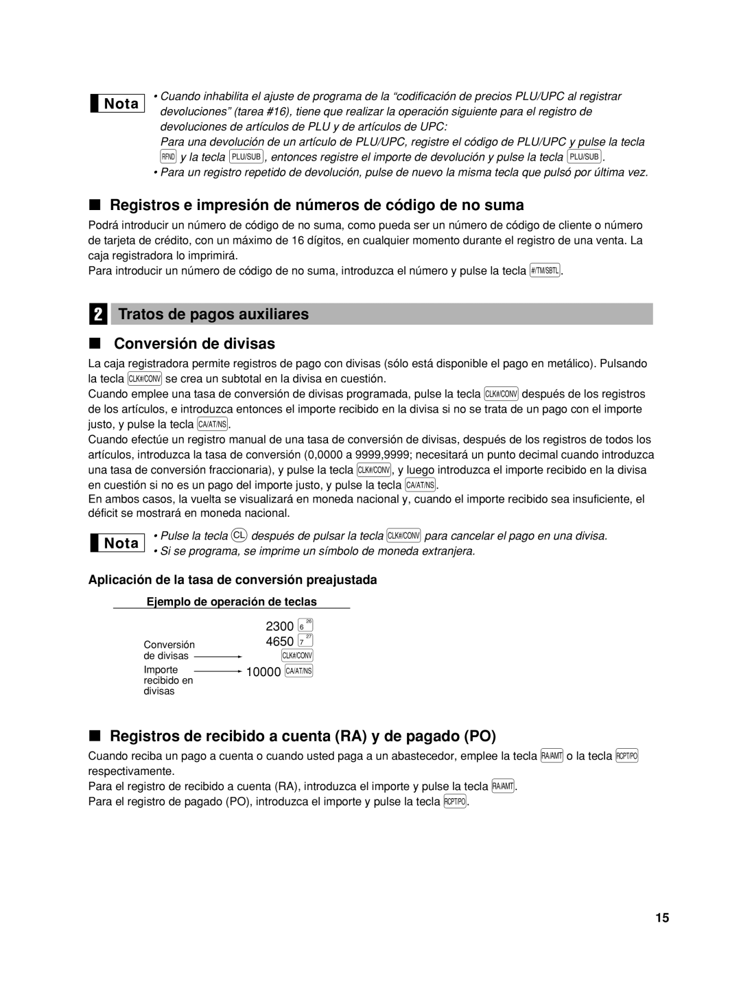 Sharp XE-A42S Registros e impresión de números de código de no suma, Tratos de pagos auxiliares Conversión de divisas 