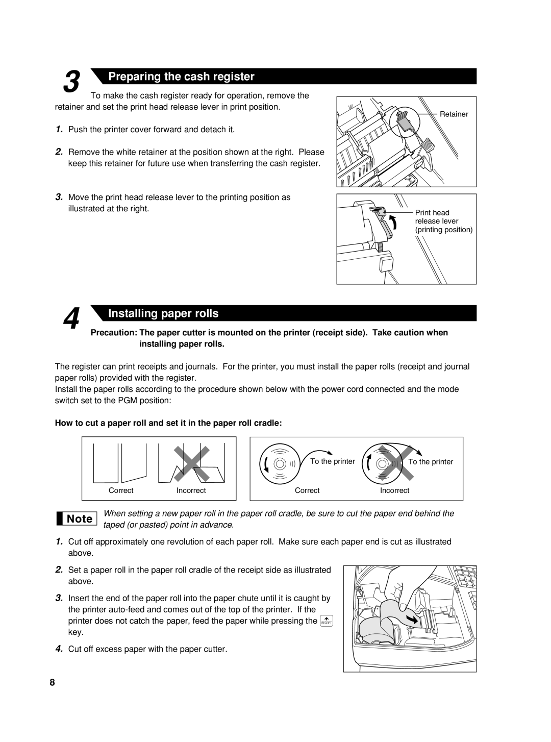 Sharp XE-A42S instruction manual Preparing the cash register, Installing paper rolls 