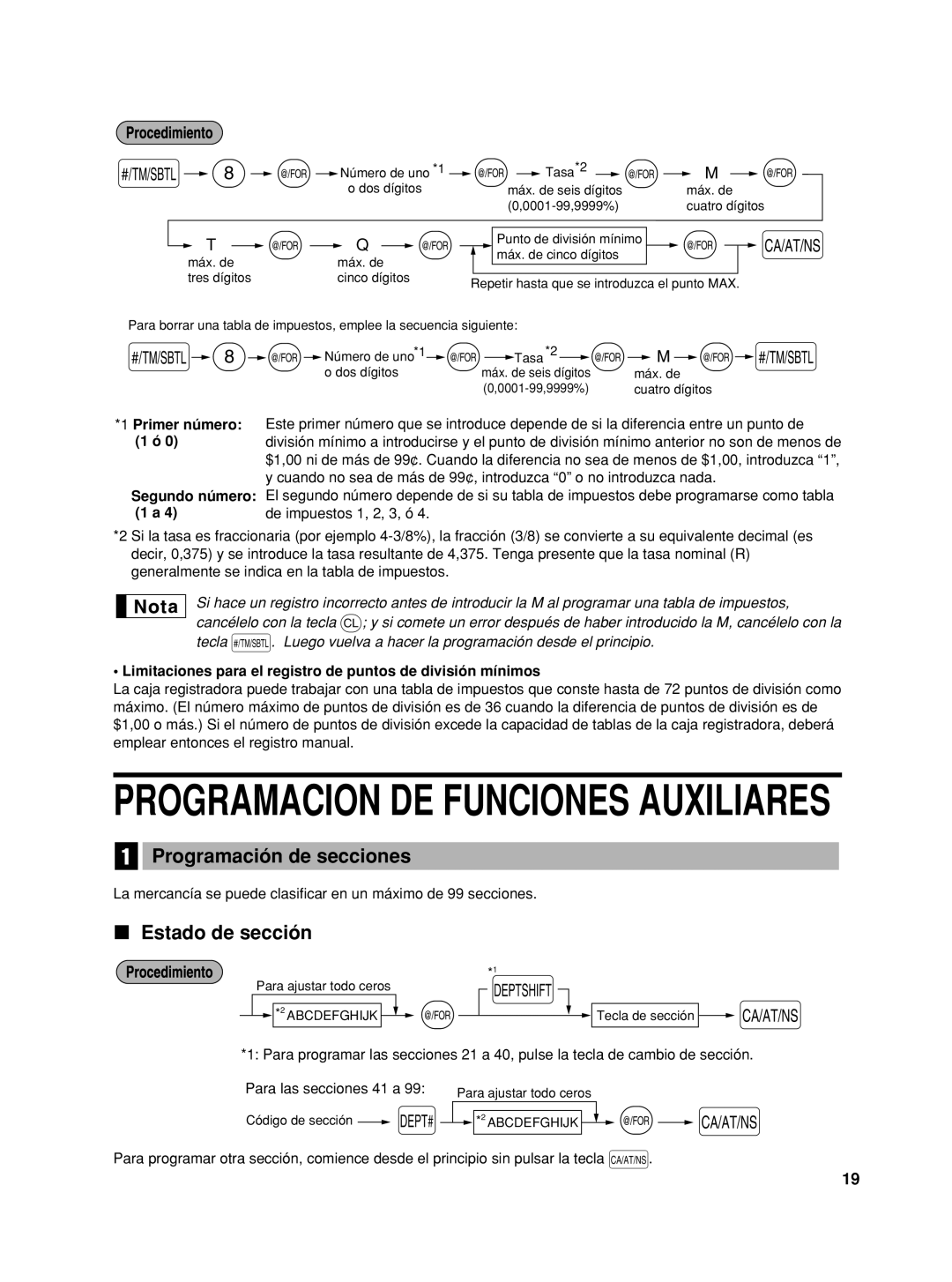 Sharp XE-A42S instruction manual Programacion De Funciones Auxiliares, Programación de secciones, Estado de sección 