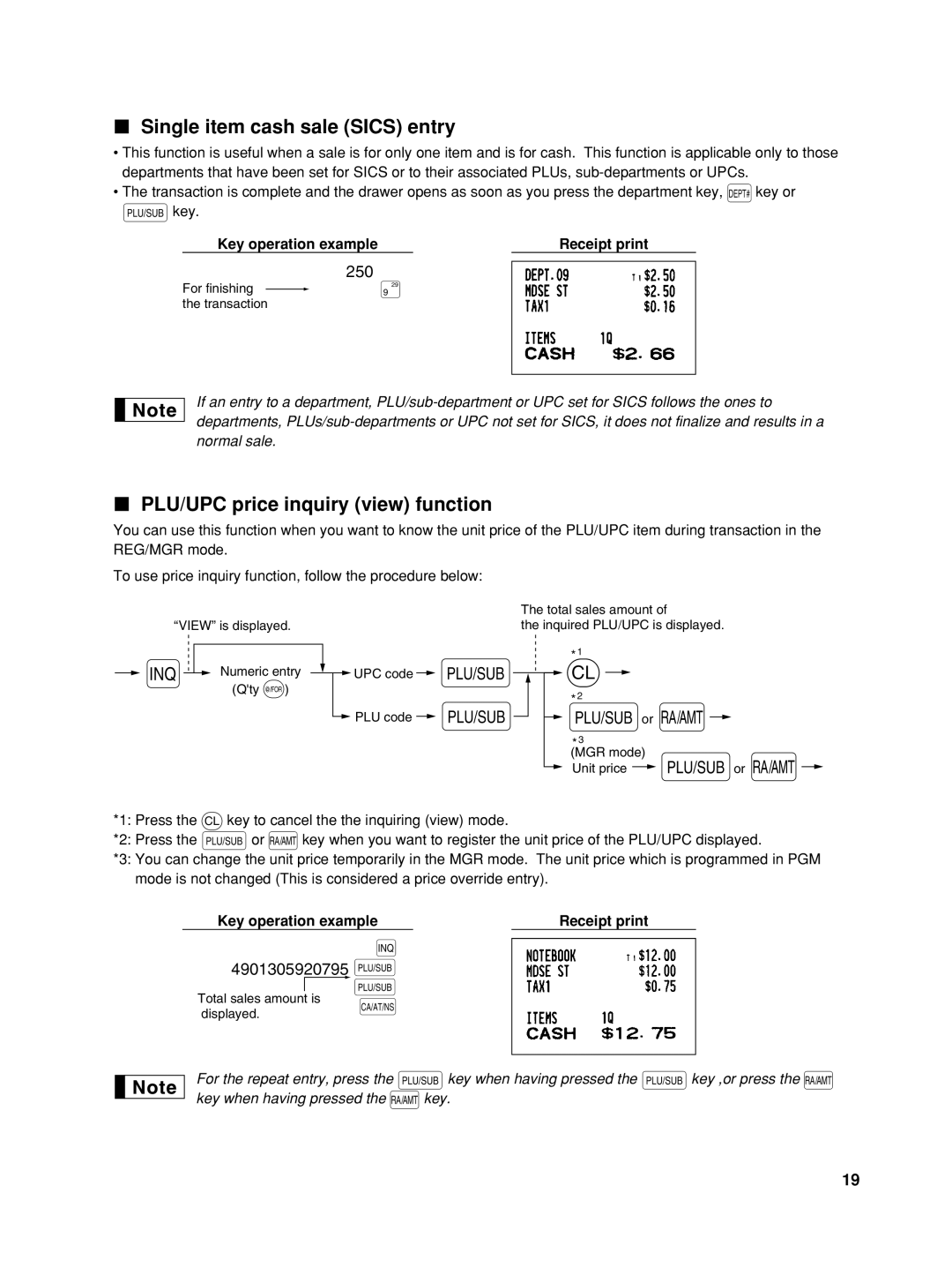 Sharp XE-A42S p por q, Single item cash sale SICS entry, PLU/UPC price inquiry view function, Key operation example 