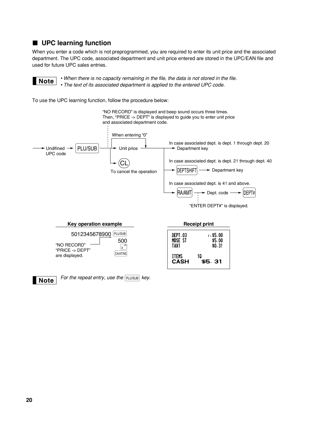 Sharp XE-A42S instruction manual UPC learning function, Key operation example, Receipt print 